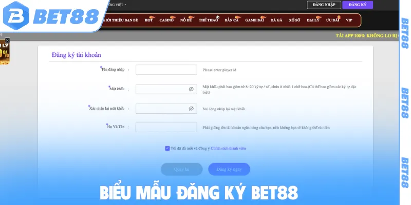 Biểu mẫu đăng ký BET88